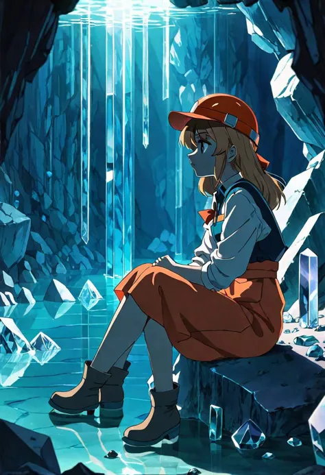 anime screencap, thick outline, girl sitting next to a crystals mine submerged in clear water in bad ragged miner clothes, sad m...