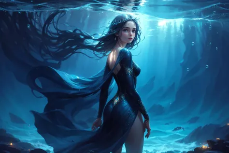 oil painting by nixeu, pixar, (handsome water goddess, underwater world, standing in the sea during a storm and waves:0.9), deli...