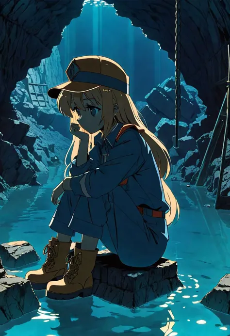 anime screencap, thick outline, girl sitting next to a gold mine submerged in clear water in bad ragged miner clothes, sad mood,...