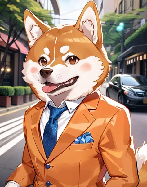 by shiba, photo of a dashing gentleman in an orange suit and a confident smile