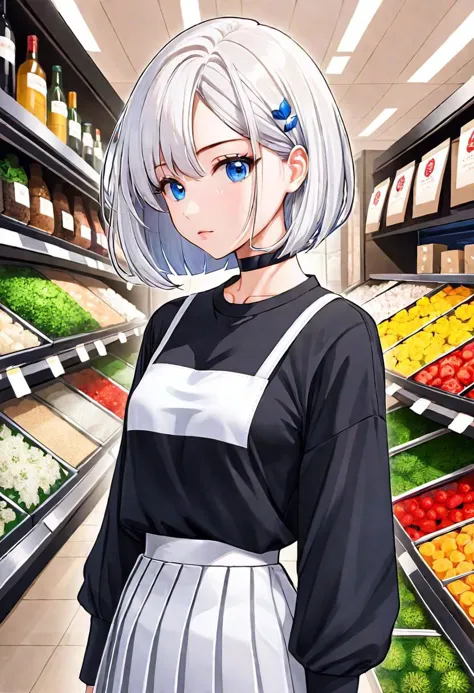 illustration, flower shop, 1girl, solo, looking away, white hair, bob cut, slanted blue eyes, black choker, small breasts, black...