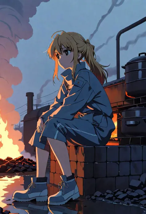 anime screencap, thick outline, girl sitting next to a black coal oven rushed and in water in bad ragged work clothes, sad mood,...