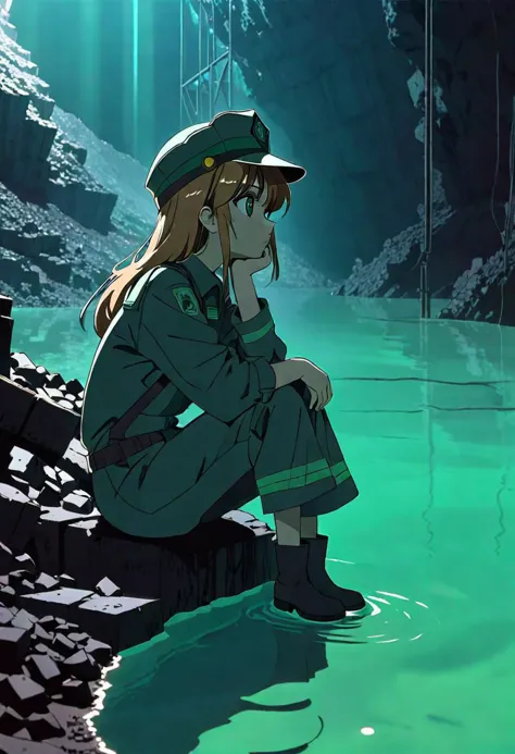 anime screencap, thick outline, girl sitting next to a black coal mine submerged in green water in bad ragged miner clothes, sad...