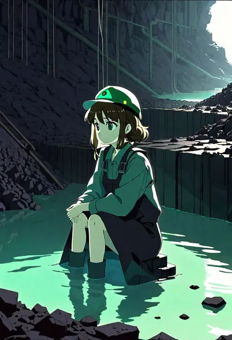 anime screencap, thick outline, girl sitting next to a black coal mine submerged in green water in bad ragged miner clothes, sad...