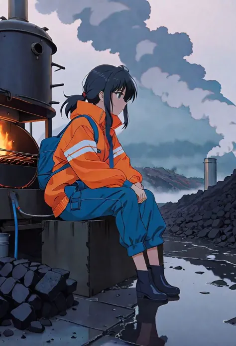 anime screencap, thick outline, girl sitting next to a black coal oven rushed and in water in bad ragged work clothes, sad mood,...