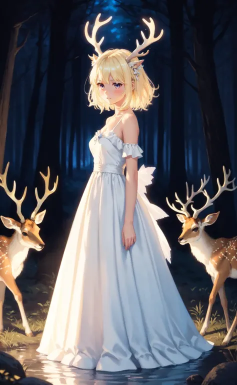 oil painting, cirno girl with deer antlers, blonde, standing and wearing a white gown, bare shoulders, blush, delicate decoratio...