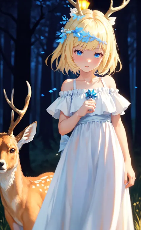 oil painting, cirno girl with deer antlers, blonde, standing and wearing a white gown, bare shoulders, blush, delicate decoratio...
