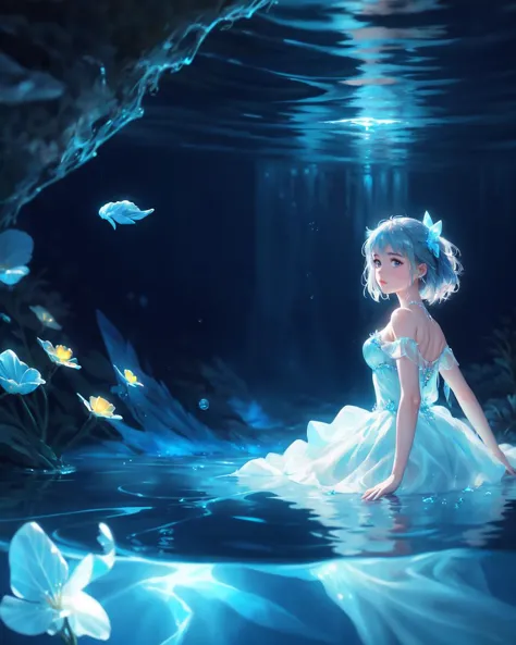 oil painting, (cirno girl, underwater, ice gown:0.9), delicate decorations, comic artist, [wlop:watercolor::mean], glowing, dept...