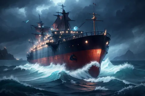 epic fantasy oil painting by nixeu, pixar, (ship at sea during a storm and waves, whale:0.9), delicate decorations, comic artist...