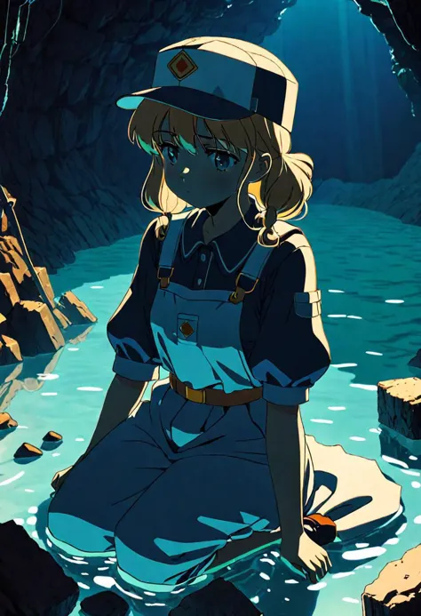 anime screencap, thick outline, girl sitting next to a gold mine submerged in clear water in bad ragged miner clothes, sad mood,...