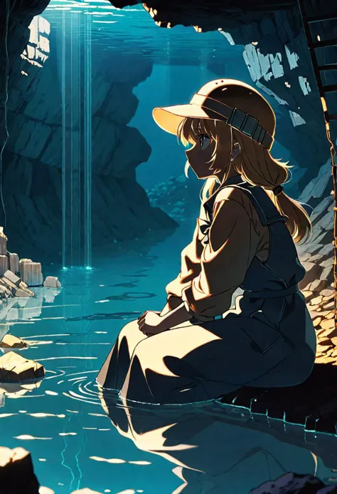 anime screencap, thick outline, girl sitting next to a gold mine submerged in clear water in bad ragged miner clothes, sad mood,...
