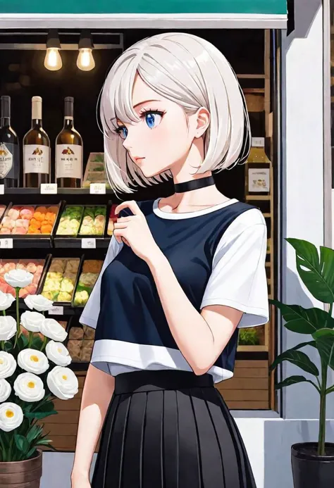 illustration, sold out flower shop, 1girl, solo, looking away, white hair, bob cut, slanted blue eyes, black choker, small breas...