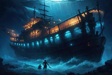 epic fantasy oil painting by nixeu, pixar, (underwater sunken ship at sea during a storm and waves:0.9), delicate decorations, c...