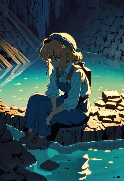 anime screencap, thick outline, girl sitting next to a gold mine submerged in clear water in bad ragged miner clothes, sad mood,...