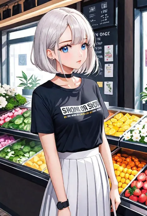 illustration, flower shop, 1girl, solo, looking away, white hair, bob cut, slanted blue eyes, black choker, small breasts, black...