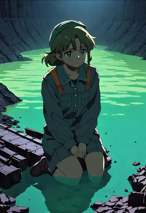 anime screencap, thick outline, girl sitting next to a black coal mine submerged in green water in bad ragged miner clothes, sad...