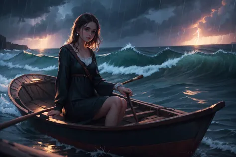 oil painting by nixeu, (handsome pixar woman, sitting in a boat during a storm and waves:0.9), delicate decorations, comic artis...