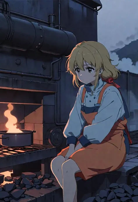anime screencap, thick outline, girl sitting next to a black coal oven rushed and in water in bad ragged work clothes, sad mood,...