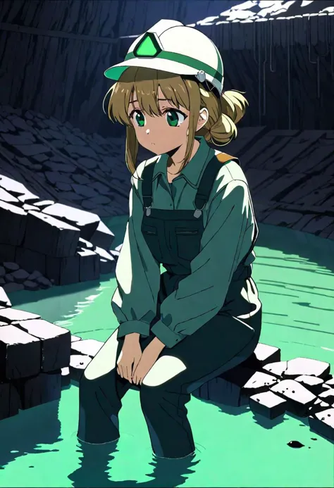 anime screencap, thick outline, girl sitting next to a black coal mine submerged in green water in bad ragged miner clothes, sad...