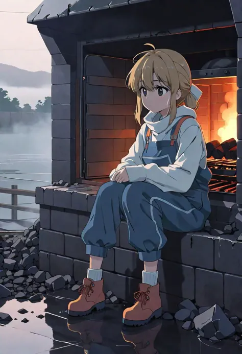 anime screencap, thick outline, girl sitting next to a black coal oven rushed and in water in bad ragged work clothes, sad mood,...