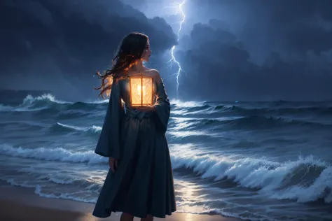 oil painting by nixeu, (handsome pixar woman, standing in the sea during a storm and waves:0.9), delicate decorations, comic art...