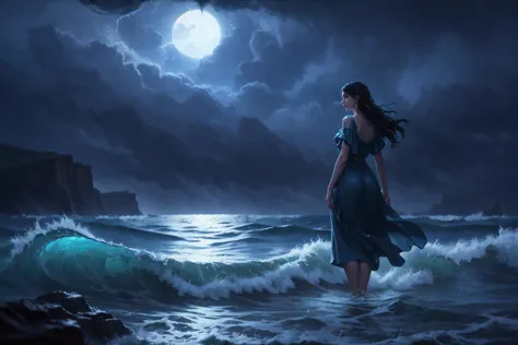 oil painting by nixeu, pixar, (handsome water goddess, standing in the sea during a storm and waves:0.9), delicate decorations, ...