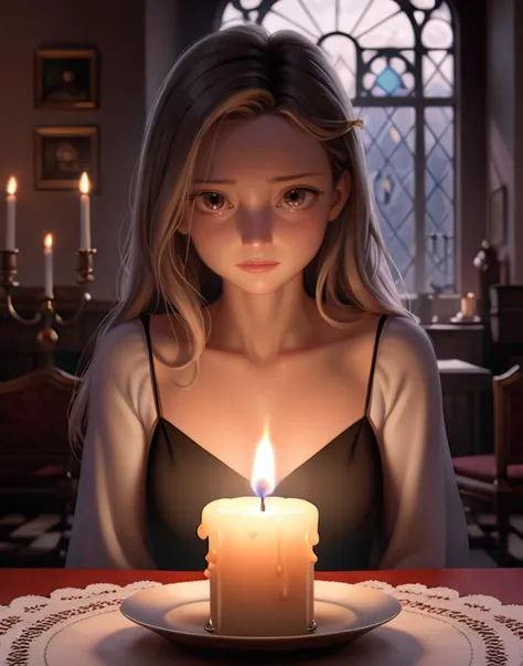 girl behind a candle, [by pixar:by wlop::mean]