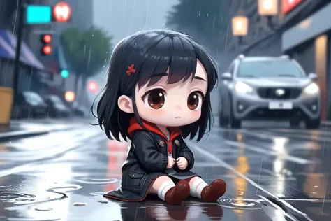 detailed professional digital art, wallpaper art, tiny cute chibi sitting alone in rain, oil painting style, (depth of field), s...