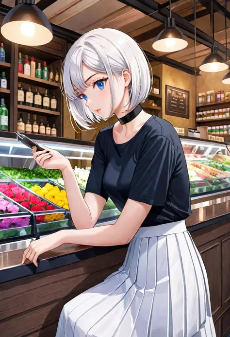 illustration, flower shop, 1girl, solo, looking away, white hair, bob cut, slanted blue eyes, black choker, small breasts, black...