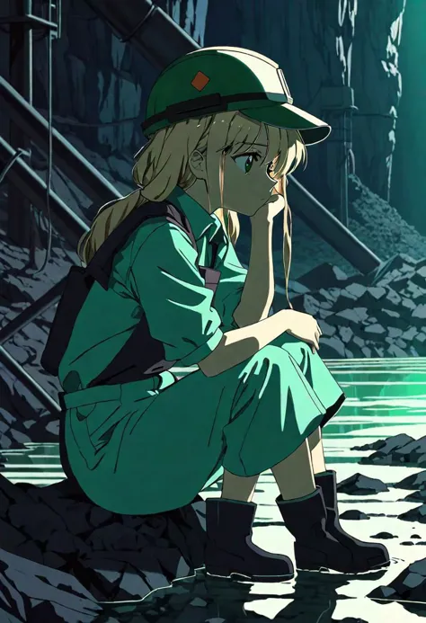 anime screencap, thick outline, girl sitting next to a black coal mine submerged in green water in bad ragged miner clothes, sad mood, stylized 80's anime, 1980s style, (cinematic depth of field effect)