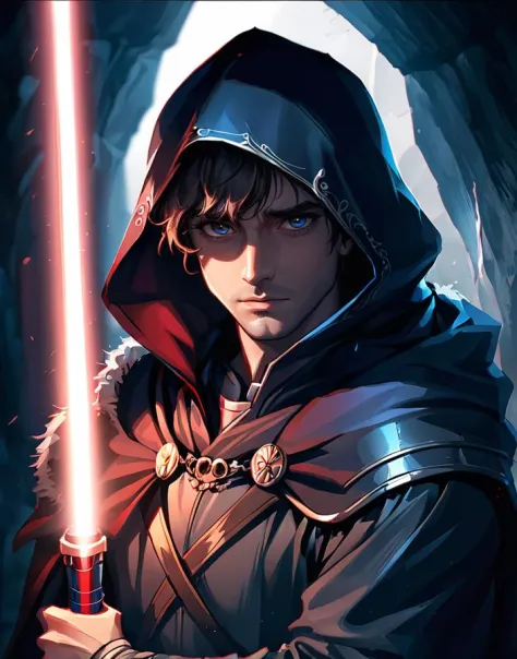 by ttosom, artistic drawing of a man with a hood and a cloak standing in a cave holding a lightsaber, portrait of a man's face, a best quality sketch, cinematic image with dynamic lighting