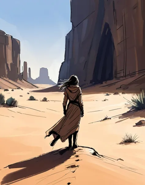 artistic drawing of a woman standing in a desert, a best quality sketch from a cinematic perspective