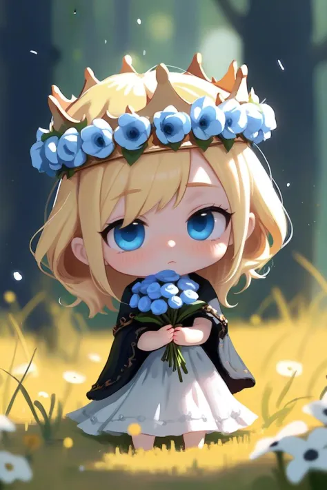 detailed professional digital art, wallpaper art, tiny cute chibi holding a flower crown, oil painting style, (depth of field), soft artstyle, [by antifreeze3:by wlop:,2.0]