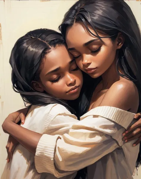 [RAW photo:oil painting:1,2:mean] of two beautiful girls hugging