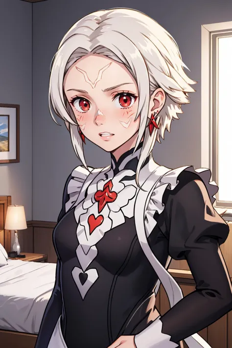 masterpiece, best quality, <lora:arval-nvwls-v1-000009:0.8> arval, white hair, pale skin, facial mark, earrings, bedroom <lora:FEFatesMaid_v1:1.2> fates maid, blush, clenched teeth, serious