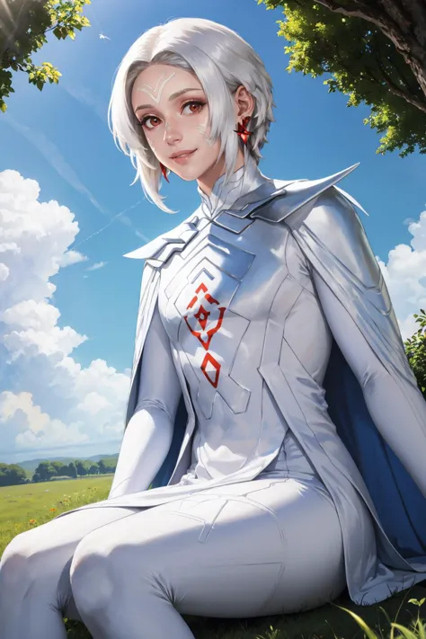 masterpiece, best quality, <lora:arval-nvwls-v1-000009:0.9> arval, white hair, pale skin, facial mark, earrings, white cape, white robe, long sleeves, looking at viewer, smile, sitting, on ground, tree, blue sky, clouds