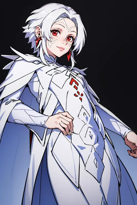 masterpiece, best quality, <lora:arval-nvwls-v1-000009:0.9> arval, white hair, pale skin, facial mark, earrings, white cape, white robe, long sleeves, looking at viewer, smirk, black background, from below, simple background