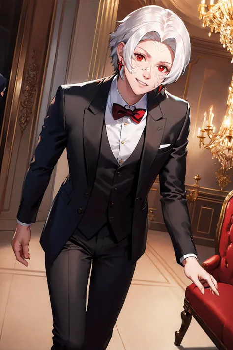 masterpiece, best quality, <lora:arval-nvwls-v1-000009:0.9> arval, white hair, pale skin, facial mark, earrings, black tuxedo, red bow tie, black pants, suit jacket, grin, mansion, chandelier, looking at viewer