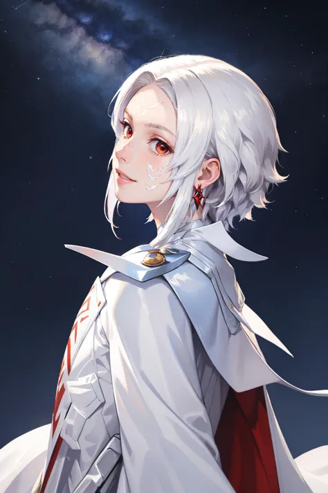 masterpiece, best quality, <lora:arval-nvwls-v1-000009:0.9> arval, white hair, pale skin, facial mark, earrings, white cape, whi...