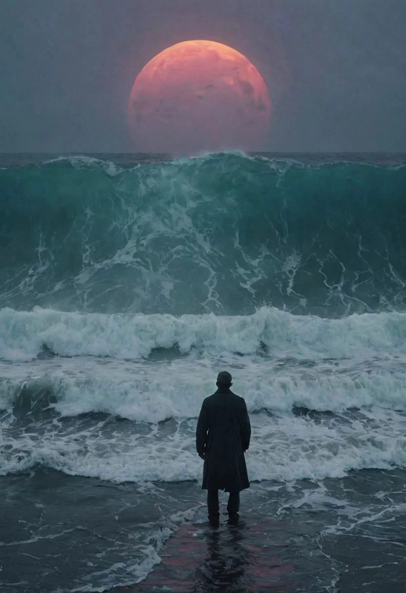 A neon-pastel Scene captured By Guy Ritchie: Capture the modern casual essence of moses as he relentlessly split up a desolate huge sea into gigantic waves. Explore the somber tones and bleak atmosphere in your depiction, emphasizing the eternal struggle and challenge of his task