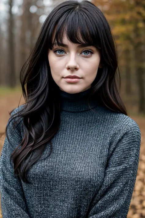 1girl, beautiful face, cute, beautiful woman, upper body, portrait, black_hair, wavy hair, blue_eyes, black_turtleneck_sweater, ...