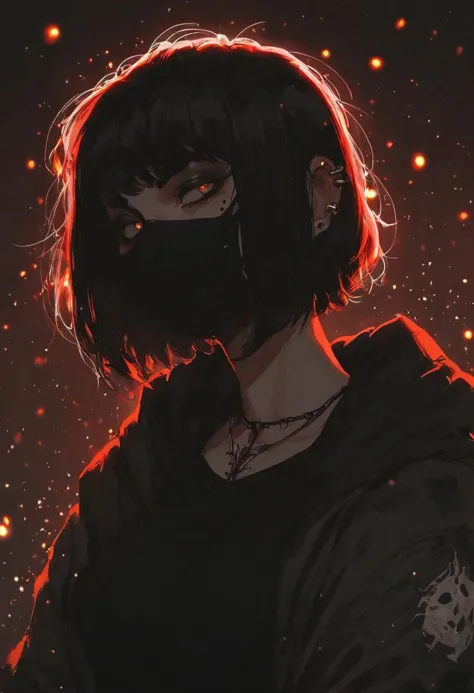 score_9, score_8_up, score_8_up, 1girl, depth of field, raw, intimate shot, (goth girl, face mask, ski mask, open jacket, off shoulder), nsfw, pierced nipples, ((glowing particles, flames)), large perfect breasts, (holding a weapon)