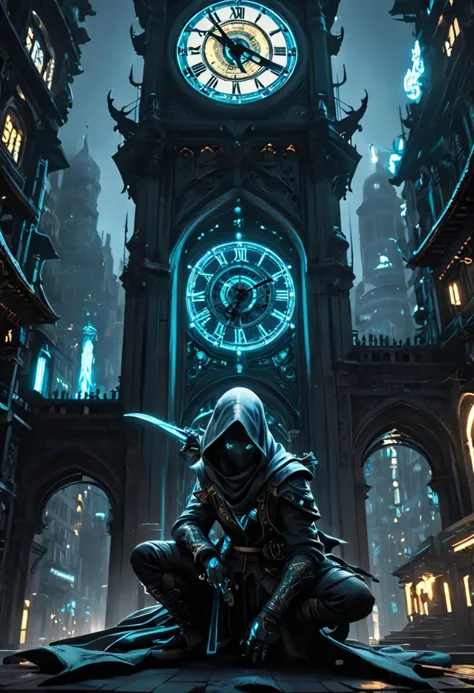 Assasin, A closeup of fantastical image of a assasin false glory, darkness of night fall, Their filled with power and determination, clad in flowing, flowing scarf, wielding an scarf ornate, scarf ornate, as they wield the scarf n a fluid, sword carried behind the body, squatting on the roof of the clock tower building like an assassin, sitting squatting pose, hands touch the ground, squatting all four, action pose, clock tower, from behind view, cyberpunk city, neon city, skindentation, glowing, shiny, scifi, neon lights, intricate artistic color, cinematic light, radiant, vibrant, perfect symmetry, Grayscale, Dramatic spotlight, highly color focused, dynamic motion, very dark,