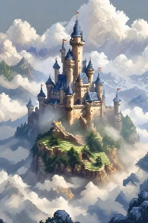 castelo nas montanhas, floresta, fog, Nuvens, (obra de arte:1.2), melhor qualidade,arte de pixel, ilustração, (hiperdetalhado, mais detalhado possível:1.2)