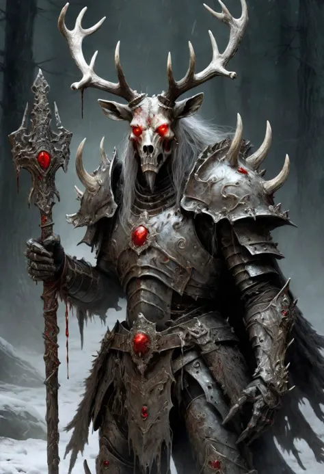 An undead humanoid reindeer death knight in corroded ancient plate armor holding a vile runeblade with both hoofs, glowing red e...