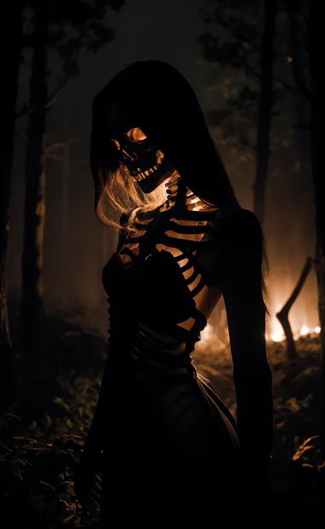 a woman in a skeleton mask standing in the woods at night