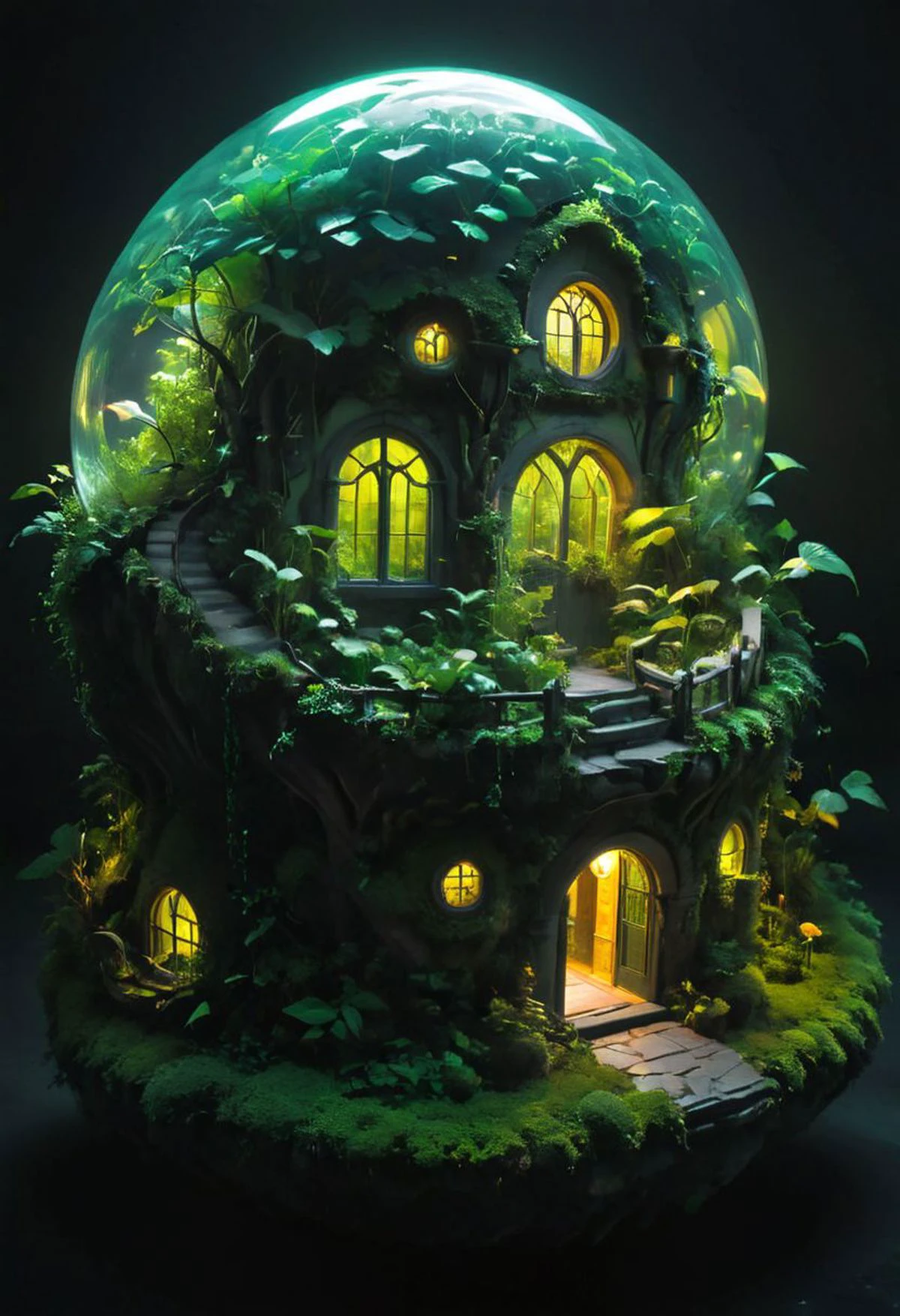 inspiré de Tolkien, île flottante de maison de hobbit transparente moderne néon, qualité incroyable, chef-d&#39;œuvre, meilleure qualité, hyper détaillé, ultra détaillé, UHD, DOF, hyperréalisme, majestueux, Génial, inspirant, une petite île flottante: Capturez l&#39;étendue à couper le souffle d&#39;une immense île flottante ornée d&#39;un feuillage de verre translucide transparent, ses vignes tombant en cascade jusqu&#39;au sol. Rising majestueuxally from the lush glass jungle that envelops an enchanted translucent green round design plastic mansion Adorned with a large Observation Installation. Une prison fantastique translucide conçue par Franco Fontana, transcendant dans les nuages noirs et éthérés. Devant une nébuleuse galaxie mystérieuse, mystique, translucide et colorée, composition cinématographique, ombres douces, Style National Geographic, lumière agréable, éclairage cinématographique, éclairage volumétrique, grain de film, Film cinématographique, faible profondeur de champ, très détaillé