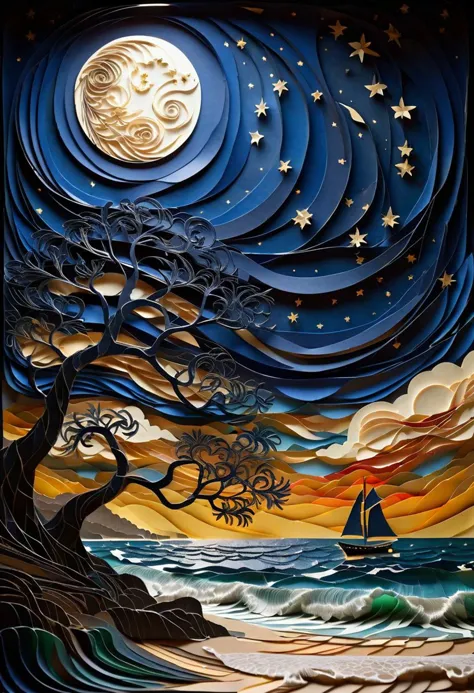 (ultra high res:1.4), (masterpiece:1.4), (beautiful lighting:1.4) Serene night scene with paper-cut art depicting a starry sky, ...