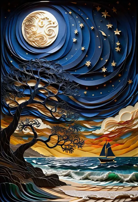 a painting of a tree and a sailboat on a beach