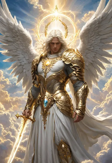 The archangel is depicted in his divine form a majestic, serene figure with a radiant aura. His face is calm and compassionate,He is adorned with a shining halo and resplendent golden armor that reflects his celestial origins.
His wings are large, white, and feathery, spreading out behind him in a display of divine grace. He wields a glowing, celestial sword,